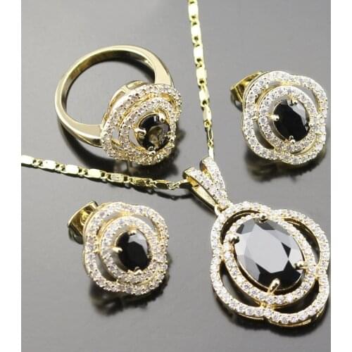 Risenj Bridal Jewelry Gold Color Jewelry Sets For Women Black Crystal stone White Zircon Necklace/Earrings/Ring/Pendent Set