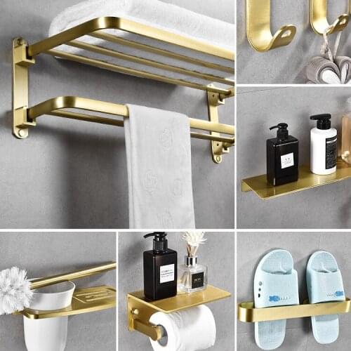 Gold wire drawing bathroom towel rack suit no punching toilet folding towel rack pendant towel bar shelf