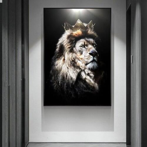 Modern Animal Art Lion Head with Crown Canvas Paintings Posters and Prints Wall Art Pictures for Living Room Decor Frame
