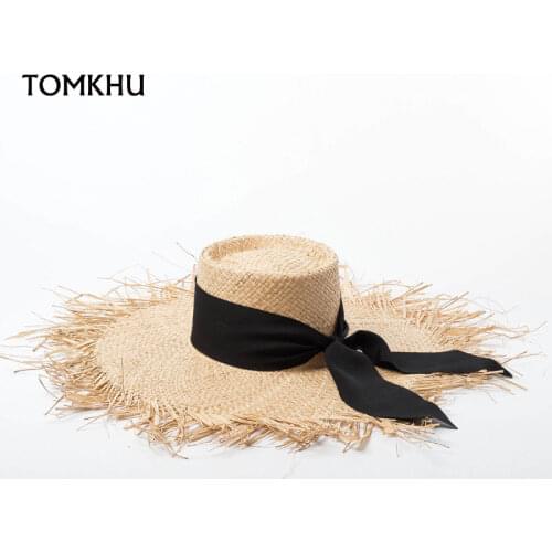 TOMKHU Classical Women Fringed Wide Brim Straw Hat Black Ribbon Bowknot Raffia Sun Hat Ladies Travel Beach Cap Summer Bucket Hat