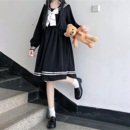 Japanese college style long-sleeved navy collar high waist sweet bow mid-length dress lolita dress women kawaii clothing loli jk