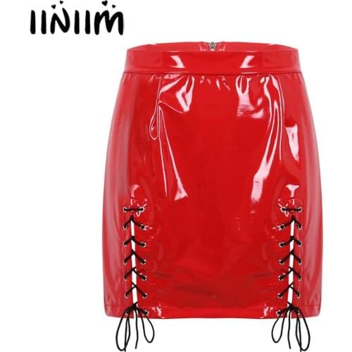 Womens Wetlook Office Ladies Punk Mini Skirts for Cocktail Party Thigh Split with Lace Up Bodycon Mini Skirt Sexy Pole Clubwear