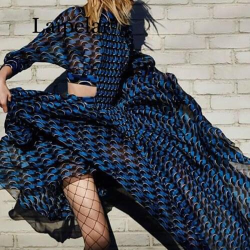 2020 Summer Bohemian Hollow Out Women Dress Stand Collar Long Sleeve High Waist Slim Print A Line Female Dresses Fashion New