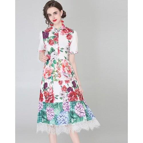 Summer Elegant Party Midi Dress Women Short Sleeve Single-breasted Flower Print Splice Lace Vacation Dress k8278