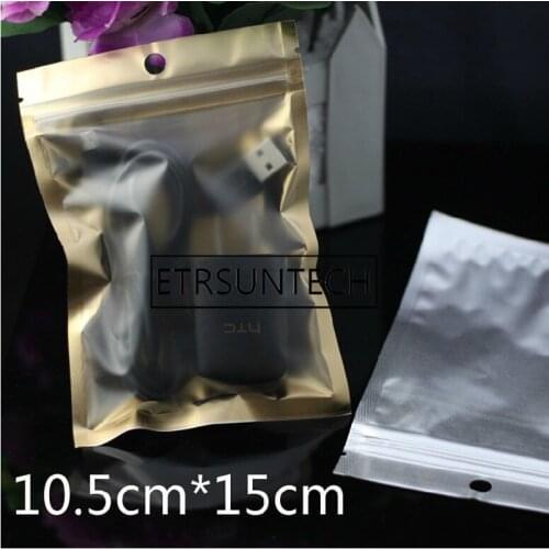 1000pcs Plastic Zipper Clear+Gold Back Silver Retail Packaging Bag USB Charger Cable Package Bag