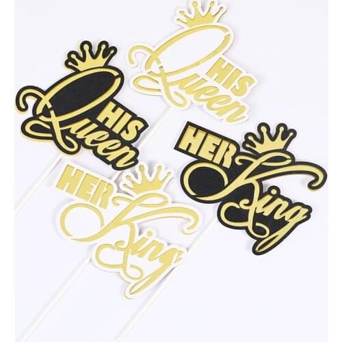 2pcs His Queen Her King Cupcake Decorative Toppers Birthday Cake Decoration Black White Gold Letter Happy Birthday Cake Topper