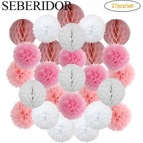 27 Pieces 6“ 8” 10“ 12” Pink Blue Set Hanging Paper Crafts For Baby Baptism Birthday Decor Wedding Party Favor Tissue Pom Pom