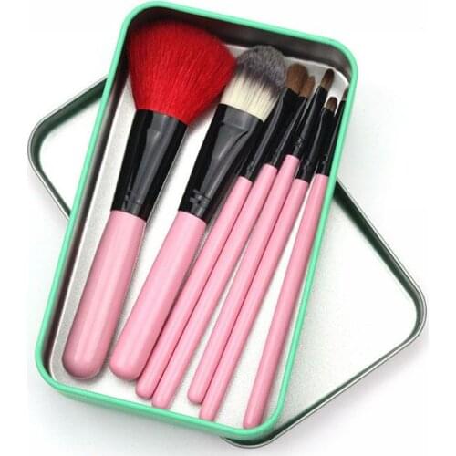 Convenient professional red goat hair pink wooden handle mini 7pcs makeup brush set with iron box in eyebrow
