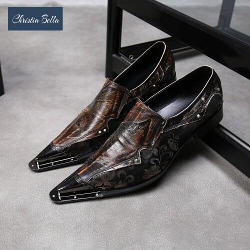 Christia Bella New Fashion Rivet Genuine Leather Men Business Shoes Plus Size Slip on Metal Pointed Toe Formal Dress Shoes