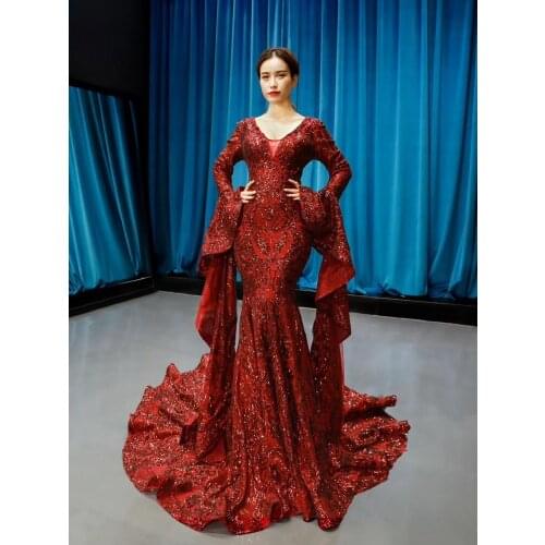 DD JYOY Long Sleeve Evening Dress Mermaid Lxuruy Lace Sequined Long Train Elegant Women Evening Gown Party Wear Lace Up Back