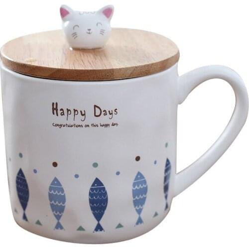 Home Creative Cat and Fish Coffee Mark Ceramic Cup Childrens Cartoon Breakfast Milk Cup with Cover Cute Coffee Mugs and Cups