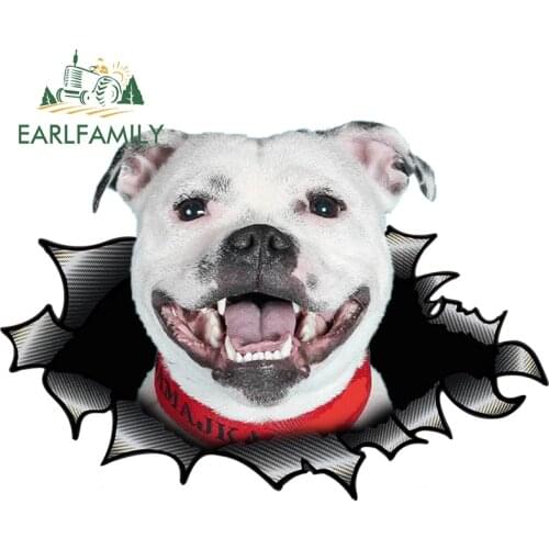 EARLFAMILY 13cm x 9cm White English Staffordshire Bull Terrier Car Sticker Torn Metal Trunk Decal Animal Car Styling Accessories