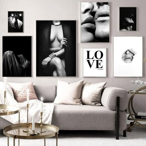 Sexy Woman Art Poster Black And White Canvas Painting Love Lips Wall Art Print Modern Posters Nordic Wall Pictures Home Decor