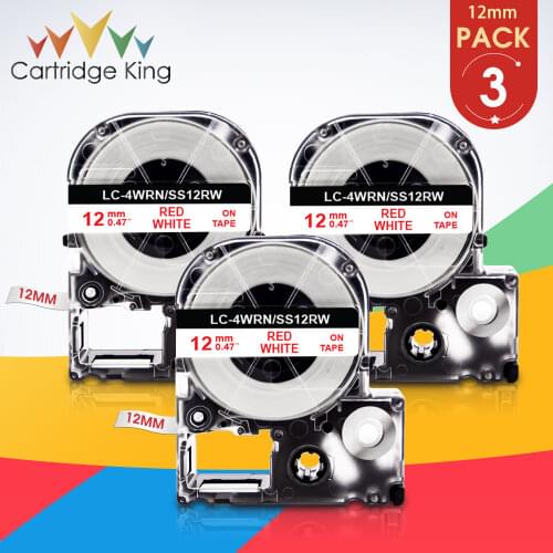 3PK 12mm*8m Label Tape Red on White for Epson SS12RW LK-4WRN Self-adhesive Printer Ribbon Compatible for Epson Kingjim Maker
