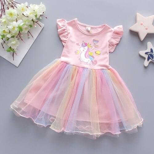 Summer 2021 Toddler Baby Girls Short-sleeve Cartoon Rainbow Colorful Mesh Dress Girls Fashion 1.3y Kids Princess Dresses Clothes