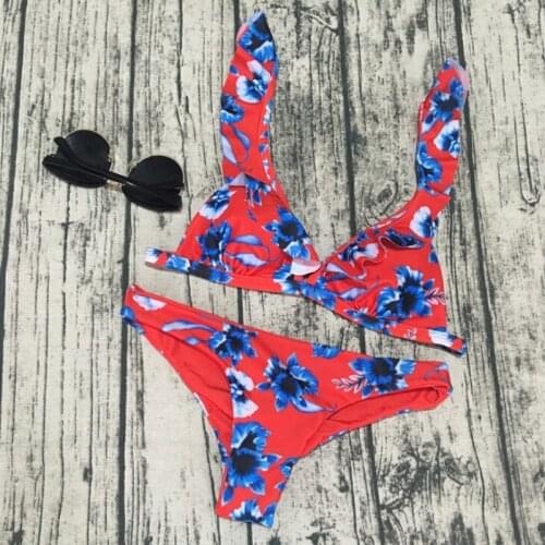 Micro Bikini Floral Ruffle Halter Swimsuit Bandage Bow Swimwear Push Up Biquini Feminino Bathing Suit Women Bikini Set