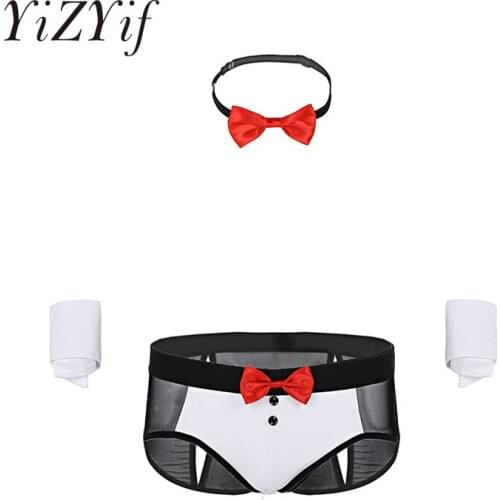 Mens Maid Cosplay Lingerie Set See Through Mesh Butt Splits Briefs Underwear with Bow Tie & Cuffs Sexy Cosplay Costume Nightwear