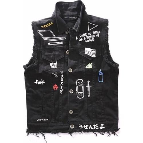 Mens Fashion Black Denim Vests Men Motorcycle Biker Vest Graffiti Print Hip Hop Punk Rock Cowboy Sleeveless Jacket Coat S-2XL