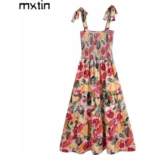 MXTIN 2021 Women Summer Vintage Floral Print Midi Dress Fashion Sleeveless Backless Elasticity Bow Tie Party Female Dresses