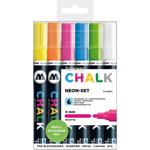 Molotow Chalk Marker Neon Set, 4mm Nib, Assorted Colors, Set of 6 Markers, 1 Set Each (200.473)