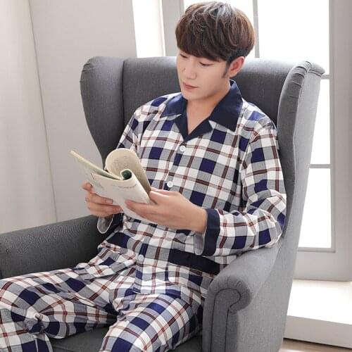 Nightgowns for Men Comfy Casual Cotton Sleepwear Lapel Cardigan Pajama Long Sleeve Pants Home Clothing with Pocket Pajamas Men