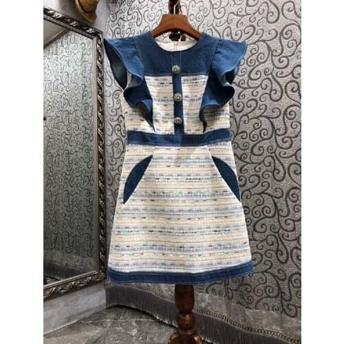 Newest Fashion Autumn Dress 2021 High Quality Women Ruffle Denim Beading Button Patchwork Sleeveless Bodycon Woolen Dress Party