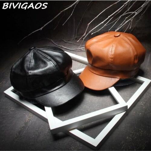 2016 Fall Winter New Fashion Women Solid Color PU Leather Caps Octagonal Cap Casual Vintage Hats Newsboy Cap For Women Casquette