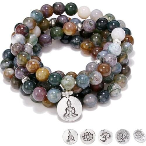 HFANCYW New Arrival Colorful Natural Stone Buddha Pendant 108 Mala Beaded Bracelet Lotus Charm Yoga Meditation Prayer Bracelet