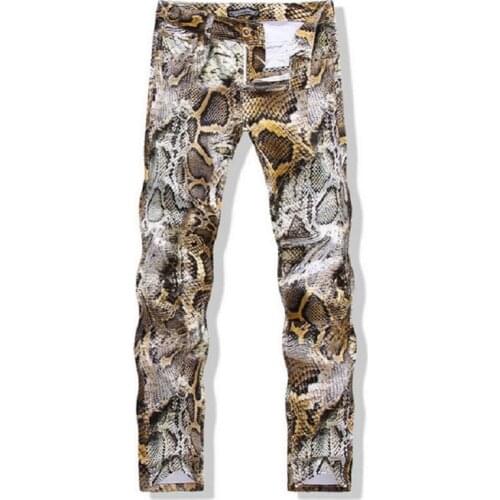 New Fashion Brand Mens slim colored drawing flower print jeans Male Snakeskin painted denim pants trousers Free shipping
