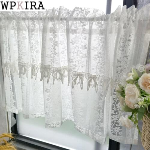 Romantic Lace Bow Sheer Short Curtain Kitchen White Half Drape Small Window Door Voile Partition Home Decoration 053A#D