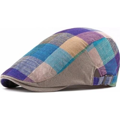 Spring Summer Color Plaid Newsboy Caps Men Cotton Flat Peaked Cap Women Painter Beret Hats 05