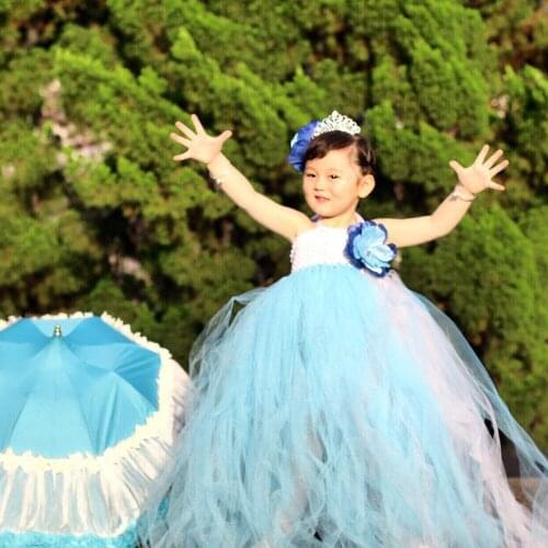 Blue White Flower Girls Wedding Dresses Kids Party Dresses For Girl Dance Ball Gown Junior Bridesmaid Tulle Tutu Dress Vestidos