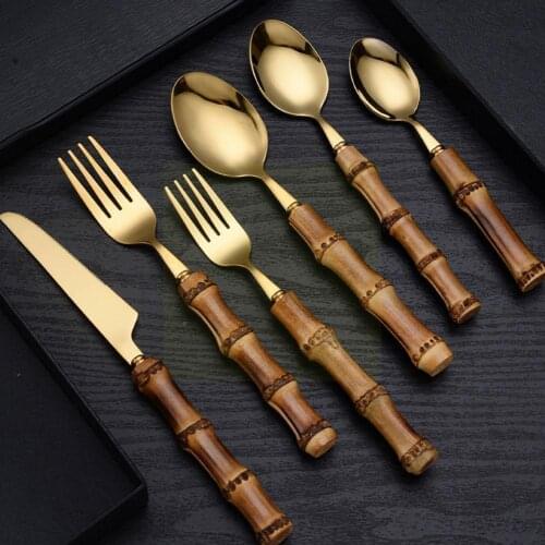 Bamboo Handle Tableware Golden Stainlesss Steel Steak Cutlery Home Dinnerware Forks Sets Upscale Kitchen Knives Spoons Flat E4H0