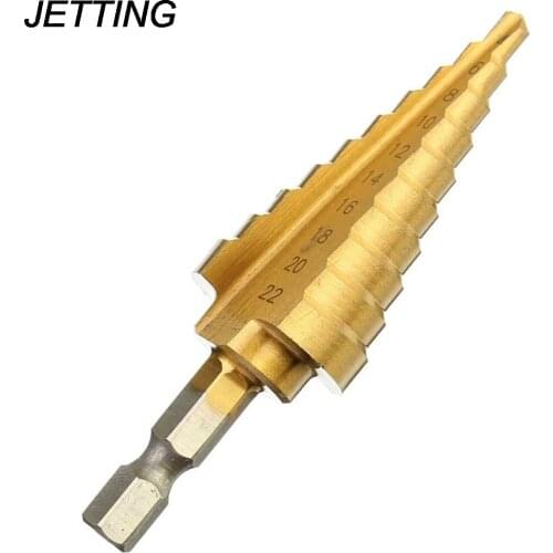 JETTING 1Pcs Durable High Quality 4-22MM HSS Hex Titanium Coated Step Cone Drill Bit Power Tool for Woodworking Hole Cutter