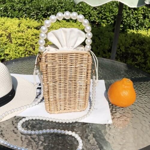 Woven Straw Clutch Bags for Women Summer Beading Handbag Pearl Chains Shoulder Crossbody Beach Bags Womens Small Handbag Z120