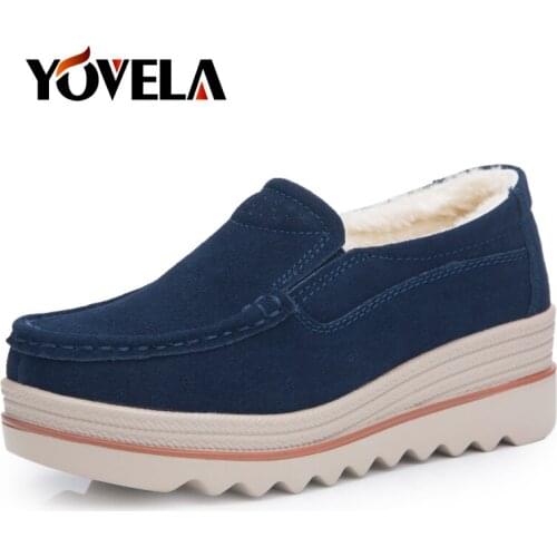 Women Fur Warm Suede Slip on Flats Loafers Ladies Flat Platform Leather Casual Shoes High Quality Moccasins Comfortable Shoes 42