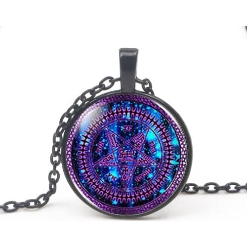 Vintage Steampunk Black Butler Purple Pattern Necklace Tetragram Maton Anime Glass Pendant Necklace Men Jewelry Photo Long Chain