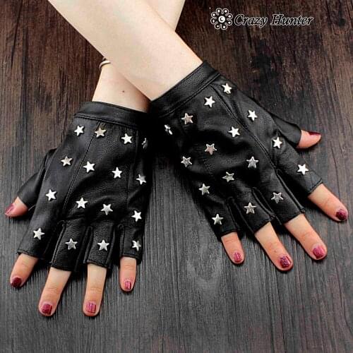 Full Star Studded Fingerless Womens Driving Biker Rock Leather Gloves
