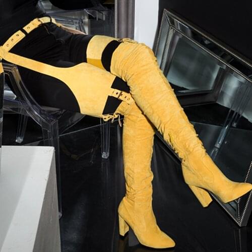 Luxury Design Buckle Belt Long Women Boots Siamese Women Runway Shoes Over-the- Knee Cow Suede Round Toe Zipper Female Boots