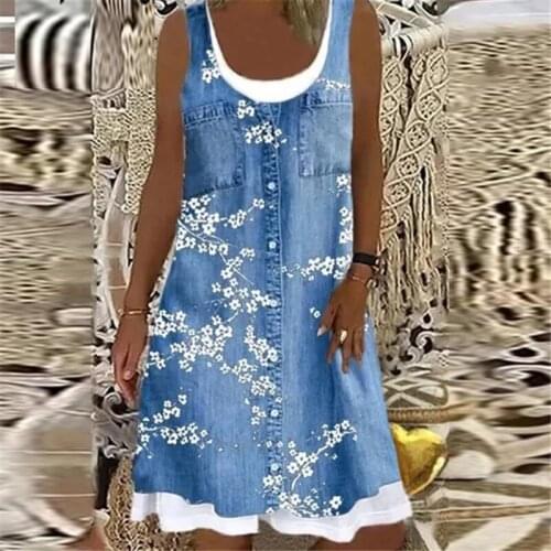 Women Printed Splicing Mini Dresses Summer Sleeveless Vintage O Neck Tank Dress Female Buttons A-Line Plus Size Dress Vestidos