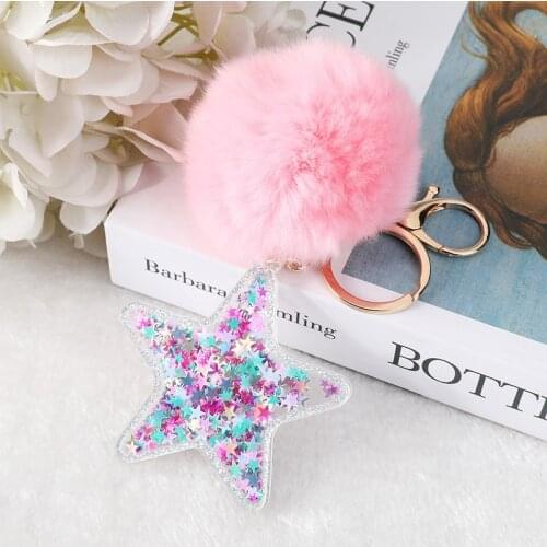 1 Pc Star Keychain Pompom Keyring For Women Glitter Hollow Out Acrylic Crafts Handbag Charms