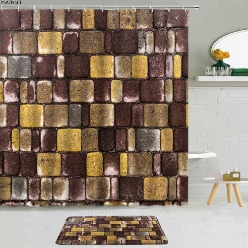 2Pcs Vintage Stone Wall Shower Curtain Modern Rocks Pattern Bathroom Decor Non-Slip Bath Mat Curtains Set 3D Printing Washable