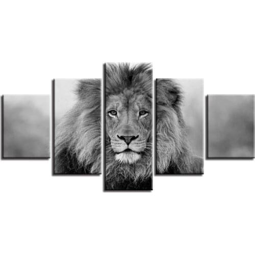 Black And White 5 Pieces Lion Canvas Paintings Frame Animals Modular Art Posters and Prints Pictures Wall Decor for Living Room