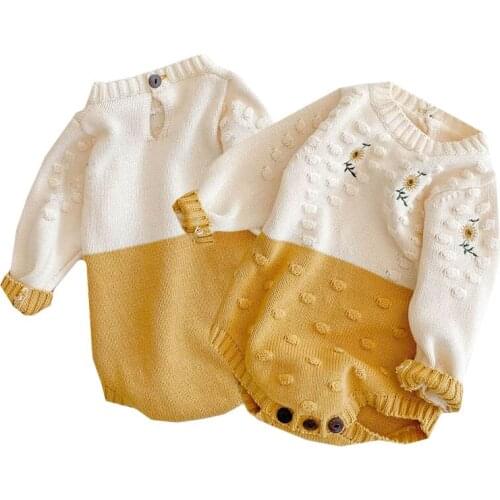 Autumn Winter Baby Girls Clothes Knitting Long Sleeve Flower Embroidery Toddler Baby Girl Romper Newborn Baby Knitting Jumpsuit