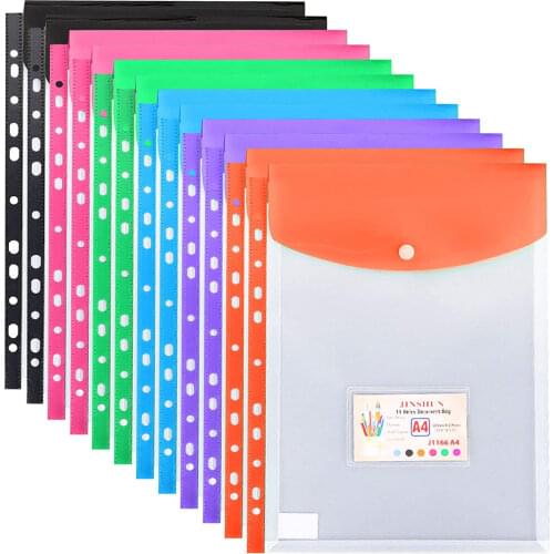 A4 Size Clear Plastic Waterproof Perforated Pockets with Button Closure for 11 Holes Files Binder Envelopes Folders Organizer