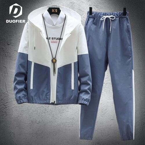 Hip Hop Man Tracksuit Hooded Jacket + Pant Patchwork 2PC Set for Men Fashion 2021 New Mens Streetwear Fitness Sportswear Suits