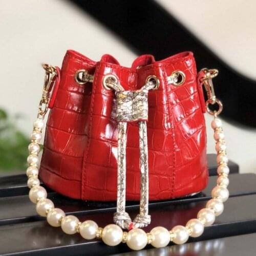 Ouruili Summer new style real crocodile skin mini bucket bag for women single-shoulder chain cross-body bag pearl