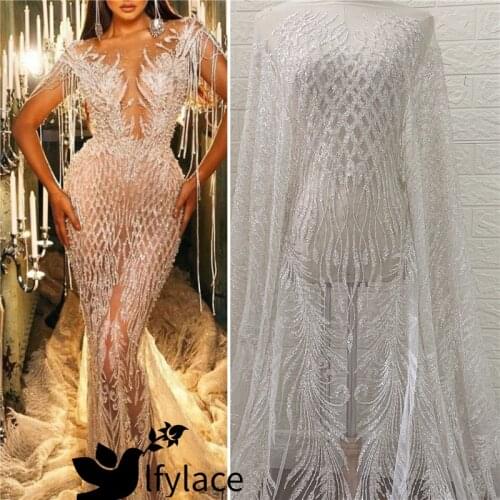 LFY Latest Sliver Pure White Heavy Bead Embroidery Tulle Bridal Wedding Gown Dress Nigerian African French Lace Fabric