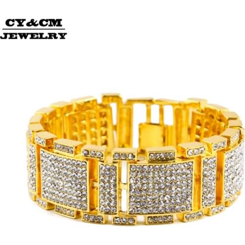 CY&CM 25mm Hip Hop Mens Luxury Simulated AAA Rhinestone Fashion Bracelet Bangle Fashion Iced Out Gold Color Bling Bling Jewelry