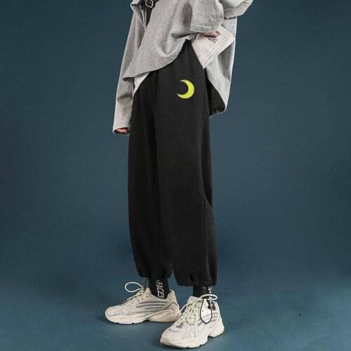Autumn Winter Harajuku Moon Print Loose Thickened Black Pants Women Casual Hipster Trousers Punk Fashion Streetwear Trousers